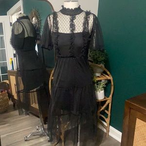 Black polkadot mesh midi dress